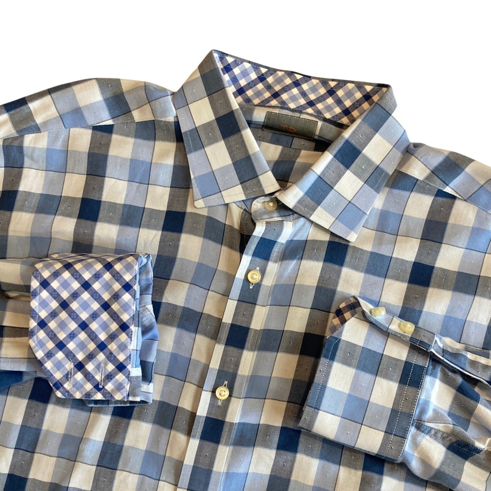 Thomas Dean Mens XL Blue Gingham Checkβ Cotton Button Down Shirt L/S Dobby